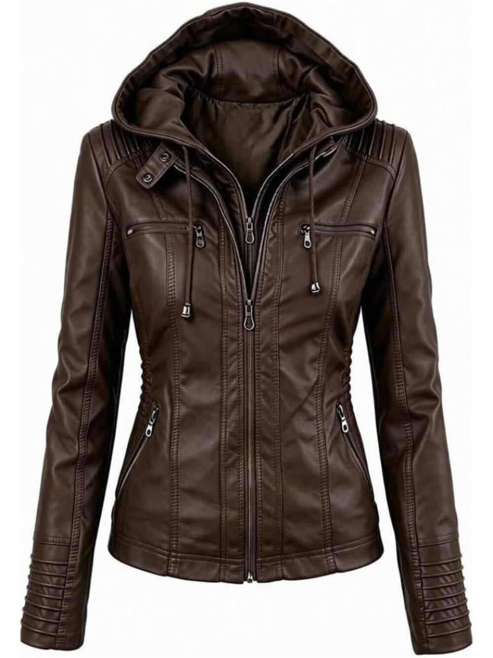 Women’s Red Brown Hooded Faux Leather Motorcycle Jacket Zip Up Casual Biker Coat